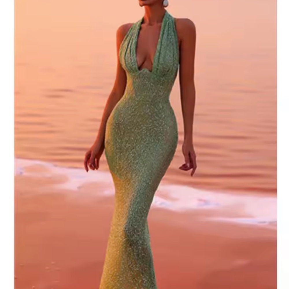Gorgeous Green Sequin Halter Gown - Picture 4 of 12